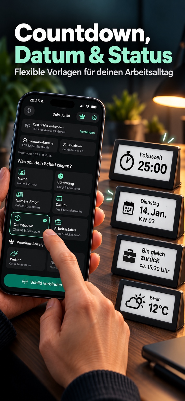WorkBadge-App und mehrere E-Ink-Schilder mit unterschiedlichen Anzeigen