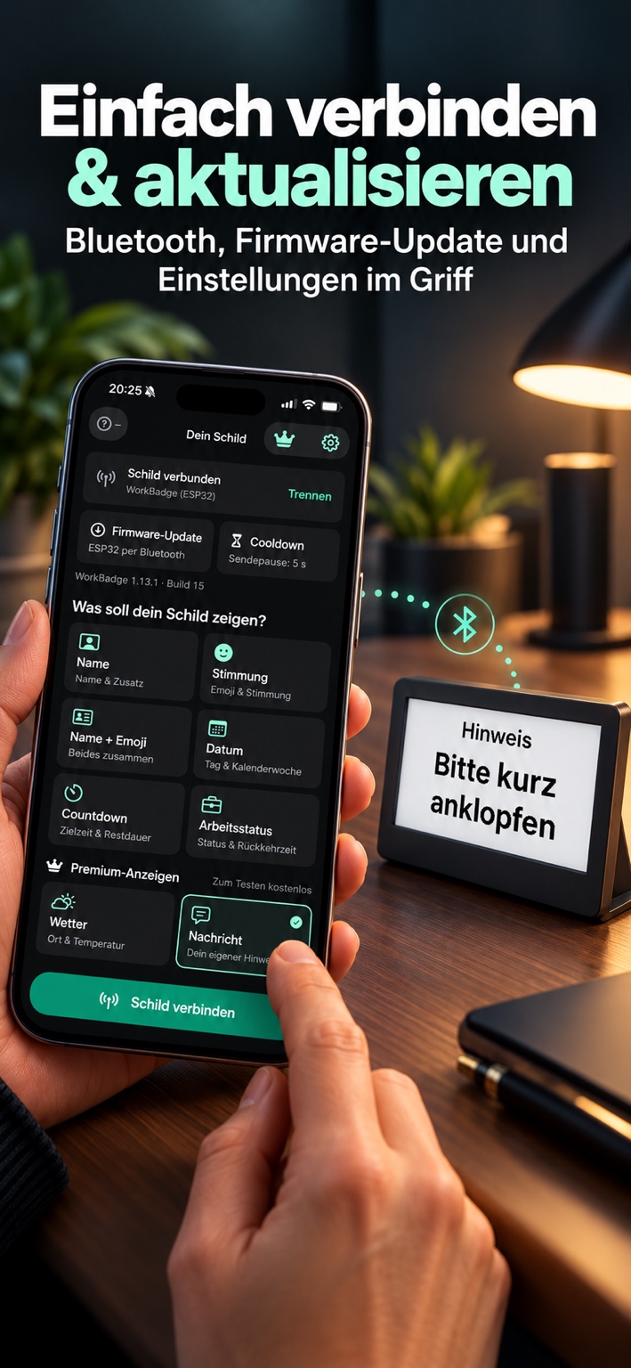 iPhone mit WorkBadge-App und E-Ink-Schild auf einem Schreibtisch